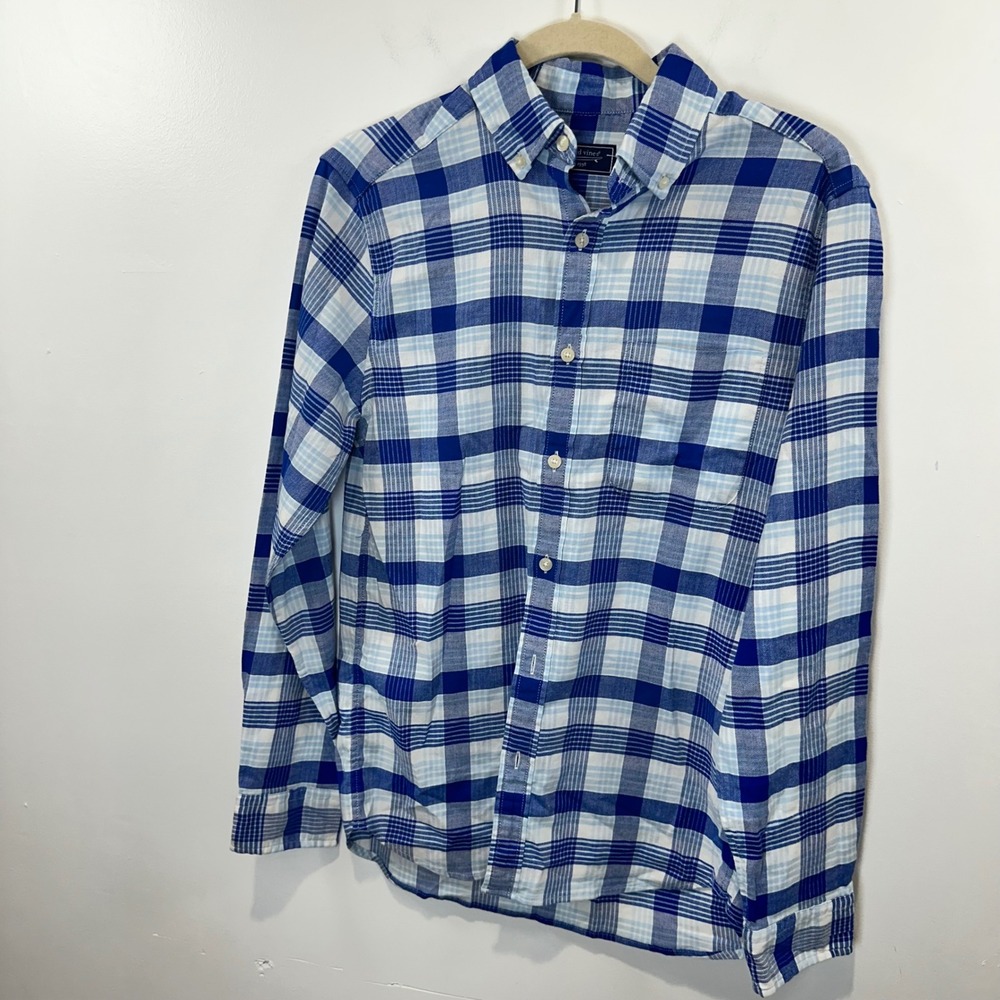 Vineyard Vines Blue and White Plaid Button Down Shirt LS‎ Linen Blend XS